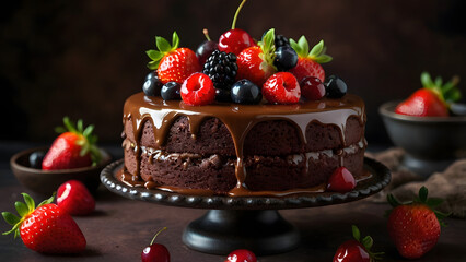 Delicious Chocolate Cake Topped with Fresh Berries, Strawberries, and Cherries on a Dark Brown Background , Perfect for Dessert Lovers and Special Occasions