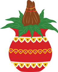 Hindu Festival Decorative Puja Kalash Illustration with coconut and mango leaves