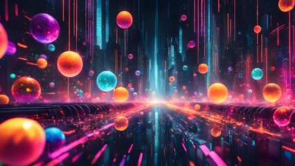 A futuristic city with glowing neon lights and vibrant orbs floating in the air, creating a surreal and dynamic scene.