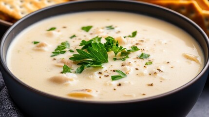 Creamy Clam Chowder Soup in Black Bowl with Parsley Garnish