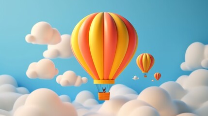 Fototapeta premium A cartoon hot air balloon with stripes flies through the clouds against a light blue sky.