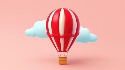 Obraz premium 3D cartoon red and white hot air balloon floating in the sky with blue clouds.
