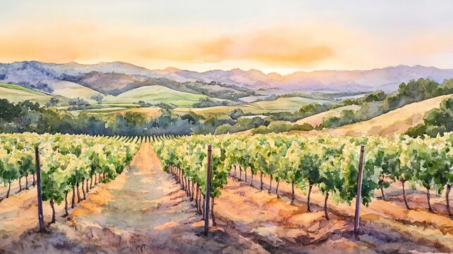 Watercolor painting of a vineyard with rows of grapevines, a dirt road, and rolling hills in the background.