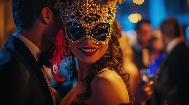Unique gambling-themed events, a masquerade ball with a hidden casino, elaborate costumes, mystery and excitement, dim lighting, dramatic mood
