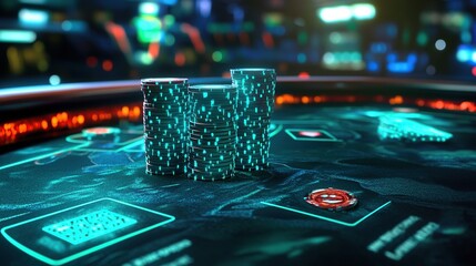 vibrant online poker interface, digital poker table, players' avatars, high-tech graphics