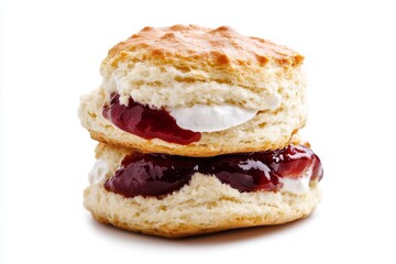 Scone, A slightly sweet, crumbly bread often enjoyed with clotted cream and jam, popular in British breakfasts. Isolated on White Background