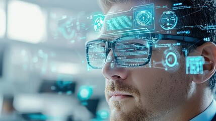 Man Wearing Augmented Reality Glasses with Futuristic Interface
