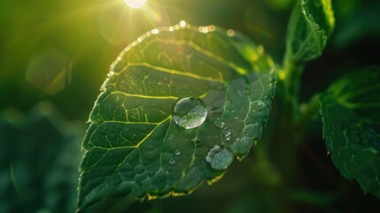 Dewdrop on Green Leaf with Sunlight