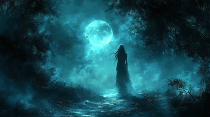 Eerie Ghostly Figure in Foggy Forest at Night with Moonlight Shadows - Haunting and Mysterious Scene of Paranormal Activity