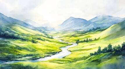 Fototapeta premium Watercolor painting of a winding river flowing through a green valley with mountains in the background.