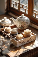 Fototapeta premium The moon cakes on the table celebrate the traditional Chinese festival: Mid-Autumn Festival.