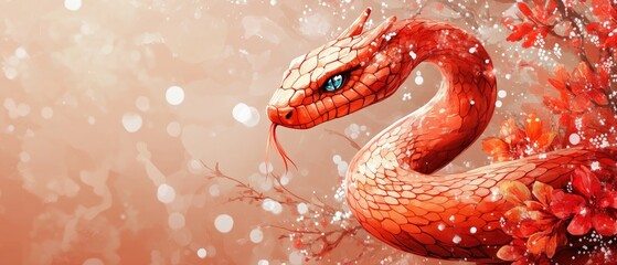 Obraz premium Vibrant Red Dragon in a Fantasy Setting with Sparkling Background and Autumn Elements