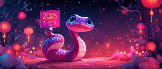 Obraz premium 2025 New Year Celebration with Adorable Cartoon Snake Holding Sign in Colorful Lantern Forest