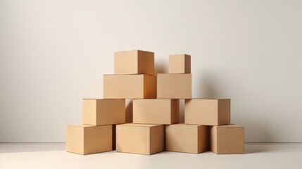 Obraz premium Stack of cardboard boxes against a white wall.