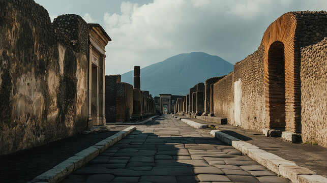 Historic ruins of an ancient city street with stone pathways, arches, and walls, set against a mountainous backdrop under a cloudy sky. - Powered by Adobe