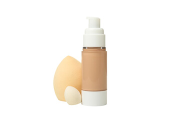 PNG, Cosmetic bottle with foundation and sponges, isolated on white background