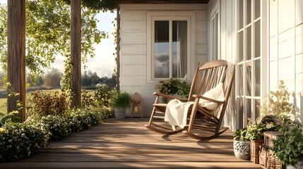 Charming Country Porch with Wooden Rocking Chair Overlooking Lush Garden and Scenic Countryside
