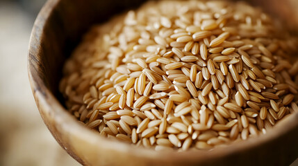 Fototapeta premium close-up of uncooked brown rice grains in a rustic wooden bowl