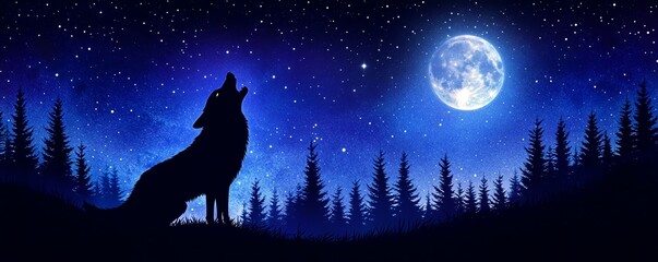 A majestic wolf howling at a full moon above a serene forest under a starry night sky, capturing the beauty of nature.
