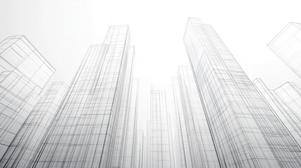 Fototapeta premium Abstract Architectural Wireframe Cityscape of Modern Skyscrapers on White Background
