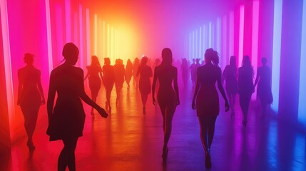 Silhouetted Models Walk Through Vibrant Neon-lit Tunnel at Fashion Event