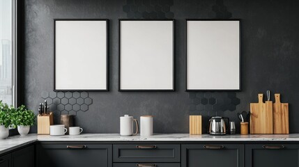 Modern Kitchen Interior with Blank Frames