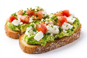 Avocado Toast, Toasted bread topped with mashed avocado, and often garnished with ingredients like tomatoes, poached eggs, feta cheese, and chili flakes. Isolated on White Background