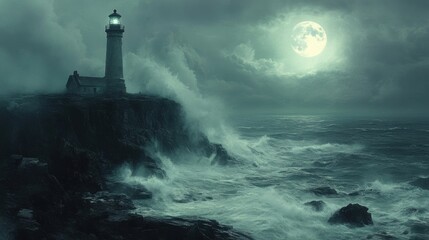 Haunting Beauty: Abandoned Lighthouse with Ghostly Figure on Cliff Edge in Moonlight