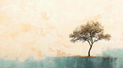 Lonely Tree on Abstract Surreal Landscape with Earthy Tones and Minimalist Design