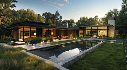 Contemporary Two-Story Home with Black Roof, Light Gray Scheme, and Pool Surrounded by Nature. Generative AI