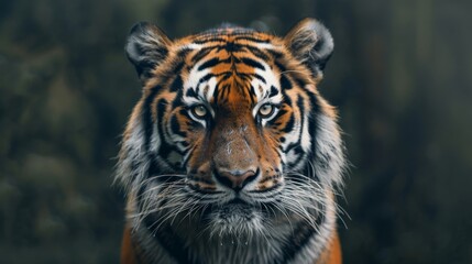 Naklejka premium Intense portrait of an Amur tiger in the wild, showcasing its striking orange and black stripes with piercing eyes
