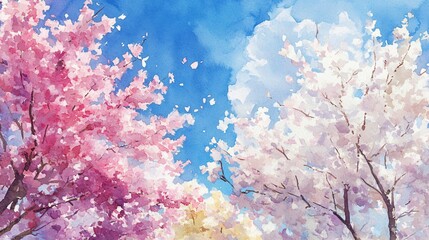 Watercolor painting of blooming pink and white cherry blossom trees against a blue sky with clouds.