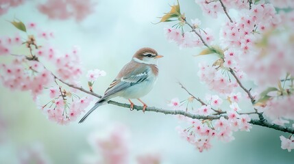 A serene bird perched on a branch, surrounded by delicate cherry blossoms in soft pastel hues, capturing the beauty of spring.