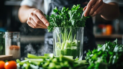 Freshly Prepared Green Smoothie with Herbs and Vegetables in a Modern Kitchen