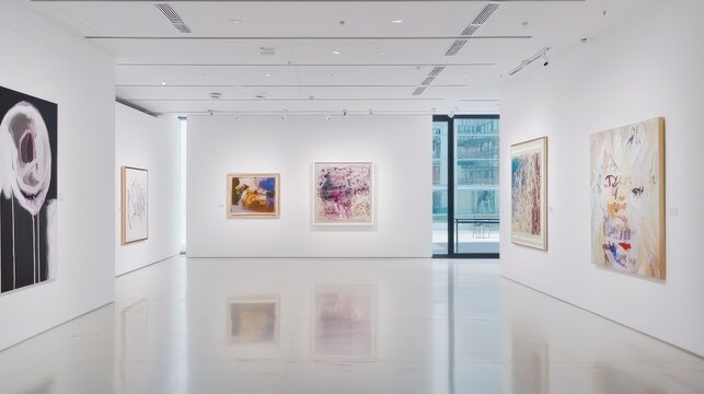 Modern Art Gallery Interior with Paintings and City View
