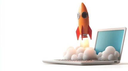 A cartoon rocket launches from a laptop, signifying the start of a new project.