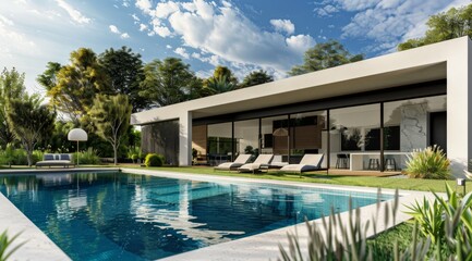 Fototapeta premium Contemporary Two-Story Home with Black Roof, Light Gray Scheme, and Pool Surrounded by Nature. Generative AI