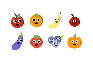Fruit and vegetable cartoon character set. Healthcare, natural, fresh, lifestyle concepts. Flat vector design isolated illustration on white background.