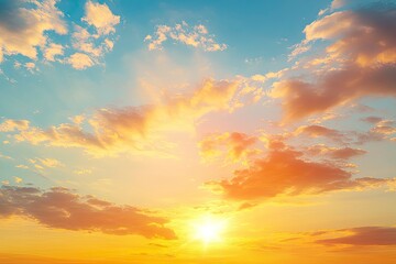 Fototapeta premium Sunset sky clouds in the evening summer with Orange, Yellow sunlight in Golden hour or morning sunrise, Horizon sky nature background , ai