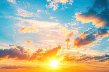 Naklejka premium Sunset sky clouds in the evening summer with Orange, Yellow sunlight in Golden hour or morning sunrise, Horizon sky nature background , ai