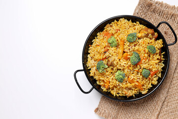 A tart with pilaf on a light background.