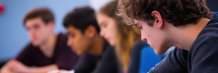 Fototapeta premium A group of individuals are seated in a classroom environment, intently engaged in studying or attending a lecture, focused on learning and knowledge acquisition.
