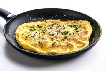 Omelette, Beaten eggs cooked in a frying pan, often filled with ingredients such as cheese, vegetables, meats, and herbs. Isolated on White Background