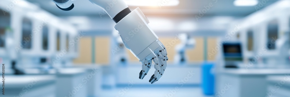 Poster a robotic arm in a sterile laboratory setting, showcasing advanced technology and automation in scie