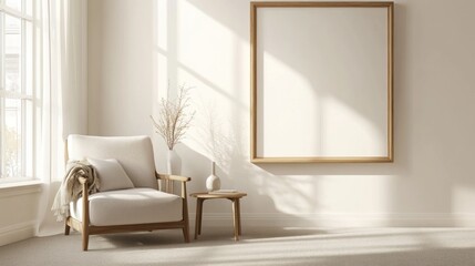 Minimalist Living Room with Wooden Chair and Blank Canvas