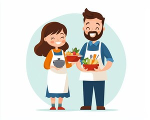 Family cooking and learning together, homeschool life, flat design illustration