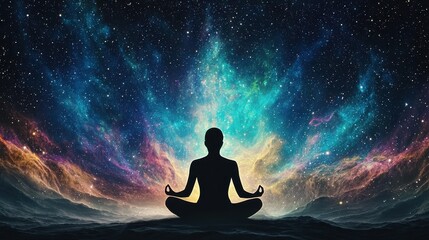 Silhouette of a Person Meditating in a Cosmic Landscape