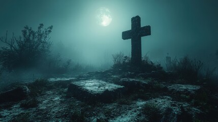 Fototapeta premium Ghostly Apparition in Foggy Graveyard - Eerie Moonlit Scene of Haunting Spirit Above Crumbling Tombstone