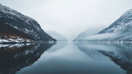 A serene and foggy mountain lake surrounded by snow-covered peaks on a cloudy day, creating a peaceful and reflective scenery.