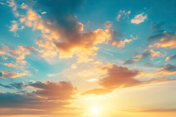 Obraz premium Sunset sky clouds in the evening summer with Orange, Yellow sunlight in Golden hour or morning sunrise, Horizon sky nature background , ai